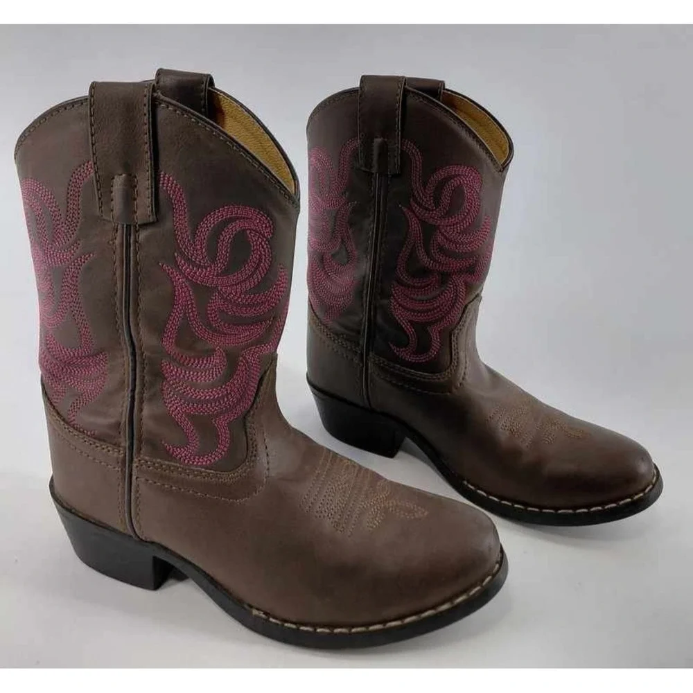 SMOKY MOUNTAIN BOOTS Youth Brown Leather Cowboy Boots Pink Stitch Size 2R